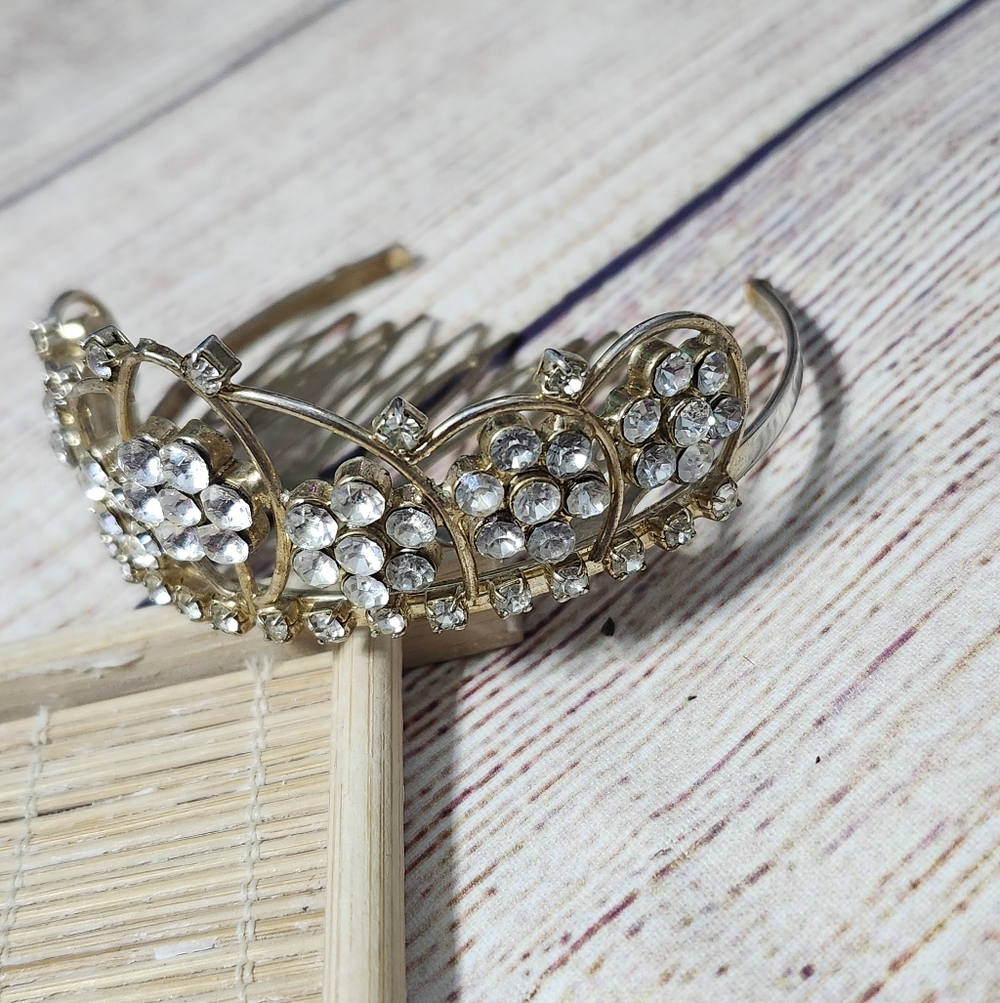 Vintage Light Gold 925 Marked Mini Tiara Rhinestone Comb - Picture 2 of 10